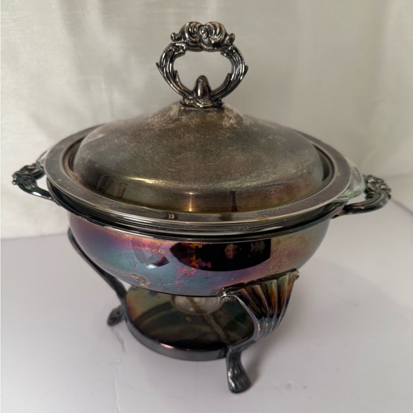 Antique 3 Piece Raimand Silver Plated 3 Footed Chafing Dish W/ Lid, Fire King - Picture 1 of 9